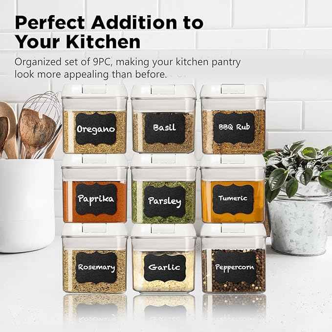 Shazo 9 PC Airtight Food Storage Containers - BPA Free Clear Plastic Snack & Spice Containers with Easy Lock Lids - Kitchen and Pantry Organization for Herbs, Coffee, Tea - 0.5L / 2.1 Cups