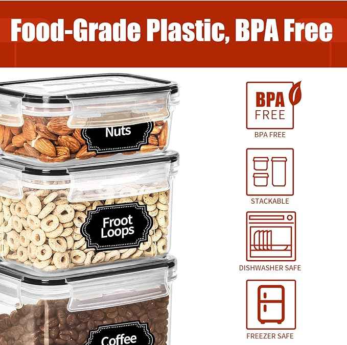 PRAKI 30 Pack Airtight Food Storage Containers for Kitchen Pantry Organizers and Storage, Plastic Kitchen Storage Canisters with Lids,Cereal, Flour & Sugar Containers - Labels, 6 Spoon & Marker