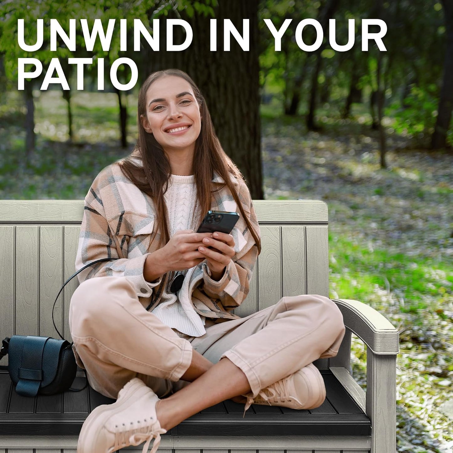 EconoHome 2 Seat Outdoor Storage Bench with Rain Cover - 60 Gallon Capacity - Weatherproof Resin Bench for Patio, Porch, Garden, Yard, Pool Area - Furniture for Pool Accessories, Gardening Tools