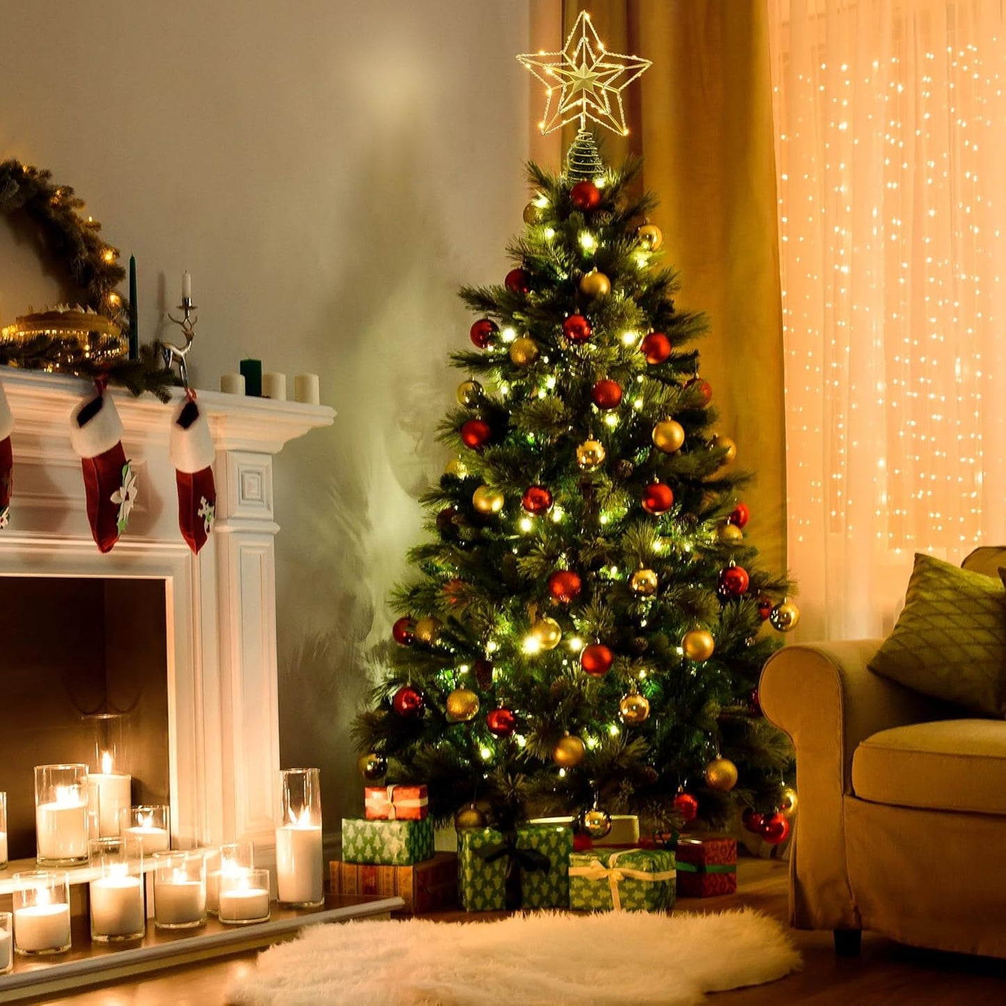 ODEERTONIC Gold Star Tree Topper, 8in Triple Layer Hollow-Out Star Tree Topper, 10 LED Warm White Christmas Tree Topper, Treetop Battery Chirstmas Tree-Top Lights for Xmas Tree Home Holiday