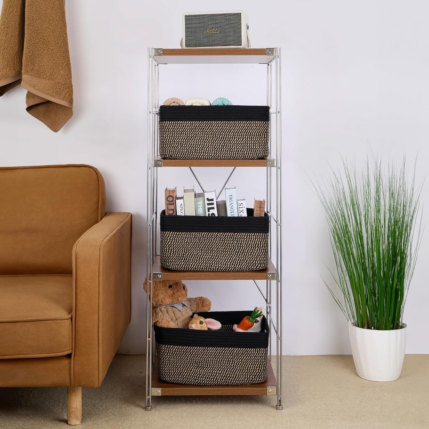 Large Storage Baskets for Organizing, Closet Shelf Baskets for Clothes Blanket Towels, Baby Nursery, Toy Bins Box, Woven Rope Baskets, 17 x 13 x 7.5”, 4 Packs Woven Brown