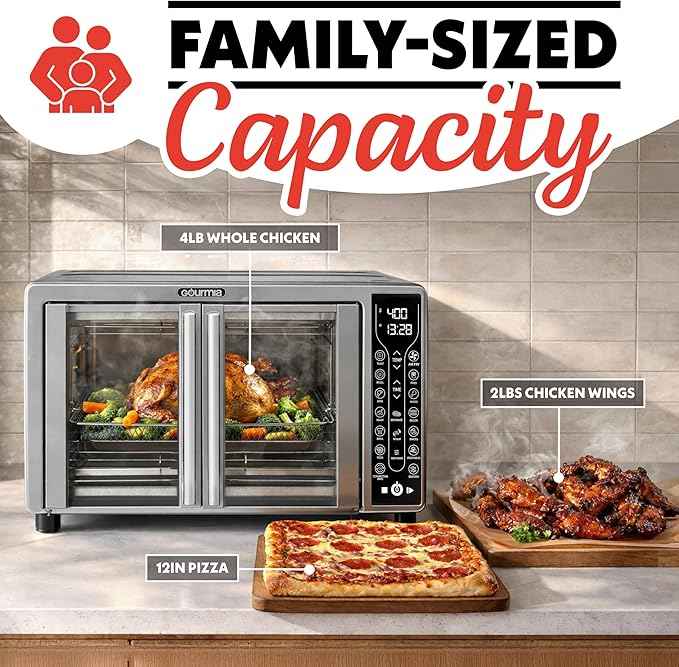 Gourmia French Door Air Fryer – 25 Qt Large Capacity Convection Oven, Fryfroce 360°, Digital Display with 17 Cooking Presets, Bake, Toast, Roast, Dehydrate, Fits 12” Pizza