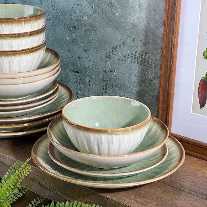 Gibson Elite Mayfair Bay 16-Piece Embossed Double Bowl Dinnerware Set, Service for 4 – Green Stoneware Plates and Bowls