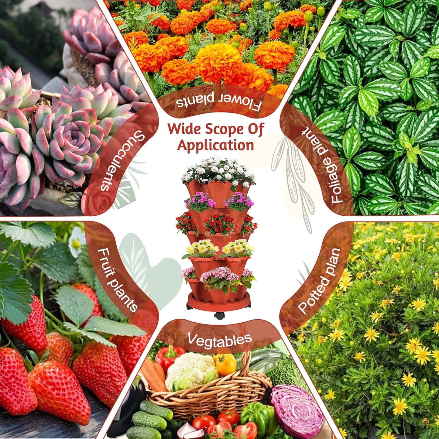 7 Tier Vertical Strawberry Planter-Tower Stackable Herb Planter Stacking Garden Planters Pot Outdoor with Tools Mover for Growing Flowers, Vegetables and Succulents, Red