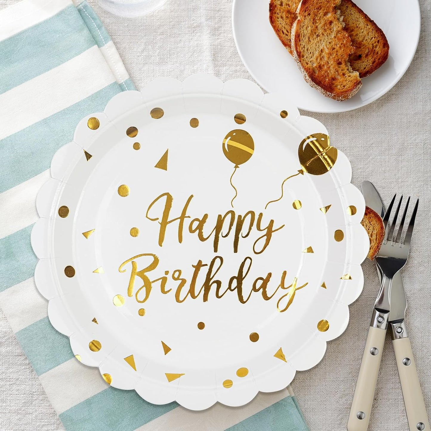 50PCS Happy Birthday Paper Plates - 7 Inch Birthday Cake Plates Scalloped White and Gold Dessert Plate Disposable Decorative Party Tableware Decorations for Birthday's Party Supplies