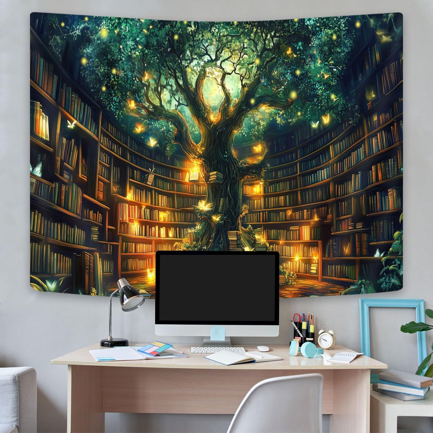 Fantasy Library Tapestry, Fairytale Tree Magic Bookshelf Aesthetic Tapestries for Classroom, Witchy Fairy Tree Mysterious Vintage Bookshelf Book Art Tapestry Wall Hanging College Room Bedroom, 60X40