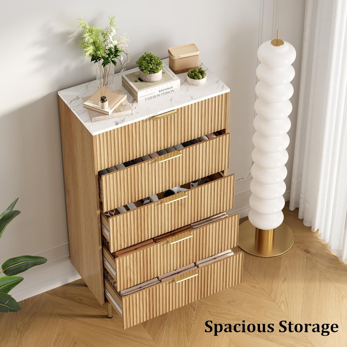 Fluted Wood Dresser 5 Drawers Dresser for Bedroom, Modern Chest of Drawers, Tall Brown Dresser with Faux Marble Top and Gold Handle, Wood Drawer Organizer for Bedroom, Living Room, Hallway, Entryway