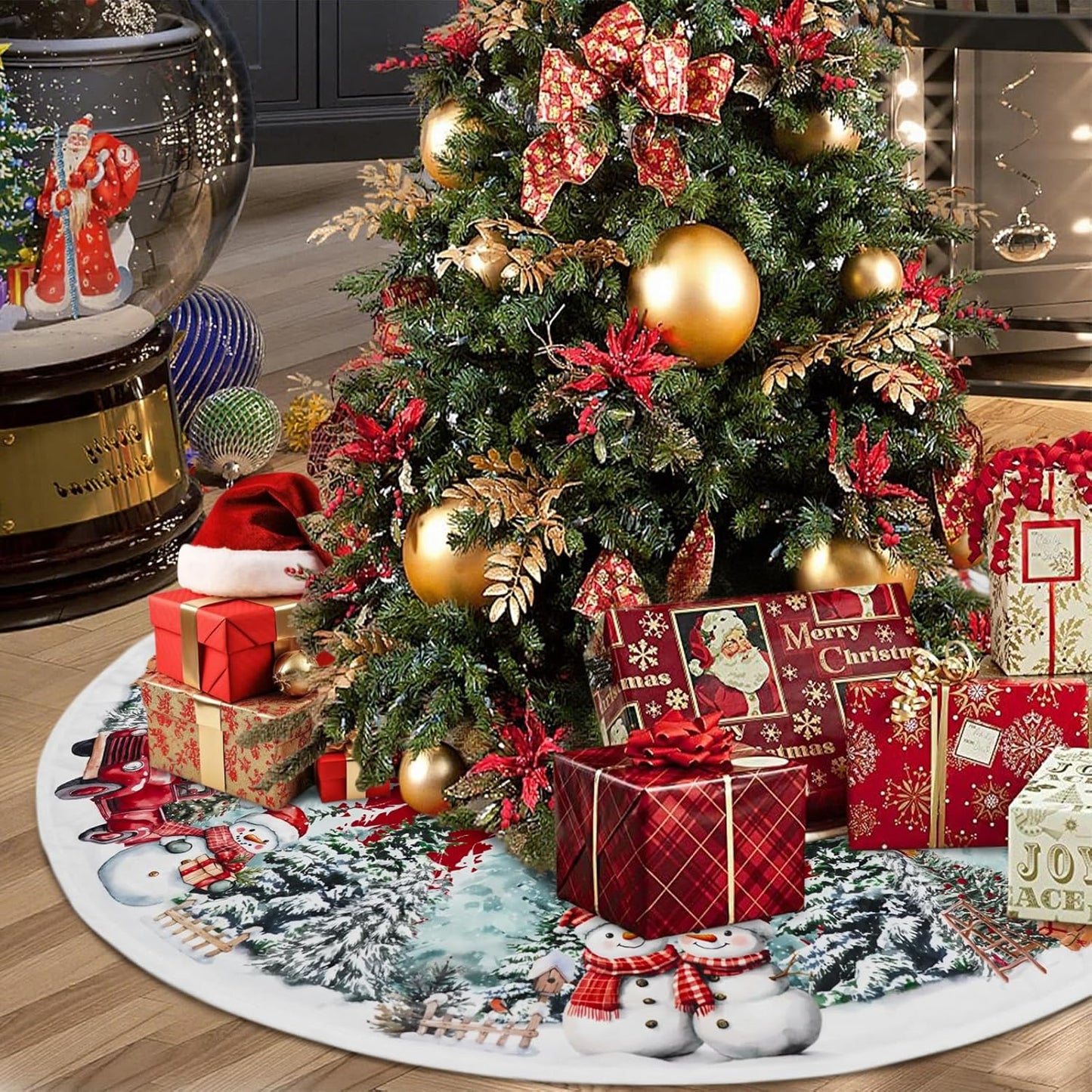 Christmas Tree Skirt 48 Inch, Red Snowman Trucker Xmas Tree Skirts, Winter Christmas Trees Mat for Home Party Holiday Indoor Outdoor Decorations