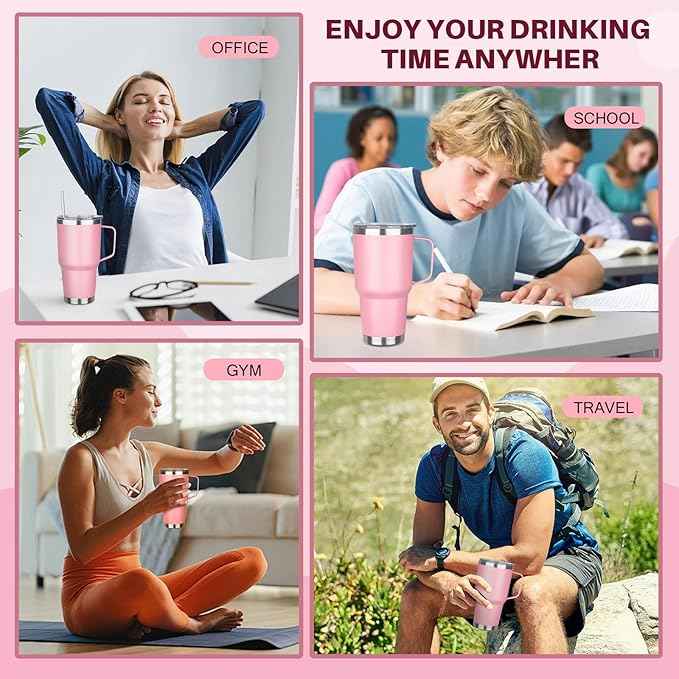 30 oz Stainless Steel Tumbler with Handle, Double Wall Vacuum Insulated Coffee Mug Tumbler with Lid and Straw, Thermal Cup for Cold and Hot (Pink)