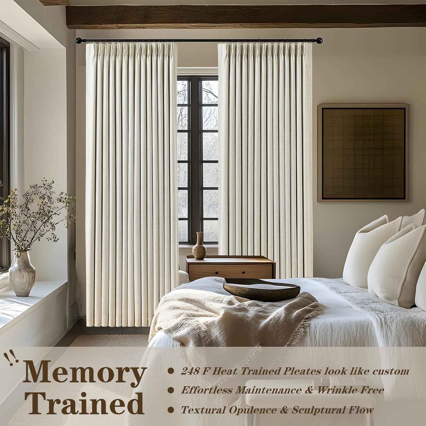 IVAPUPU Natural Linen Blend Pinch Pleated Blackout Curtains for Bedroom - 2 Panels 100% Black Out Curtains 108 Inch Long for Living Room Darkening Thermal Window Curtain Drapes with 16pc Hooks