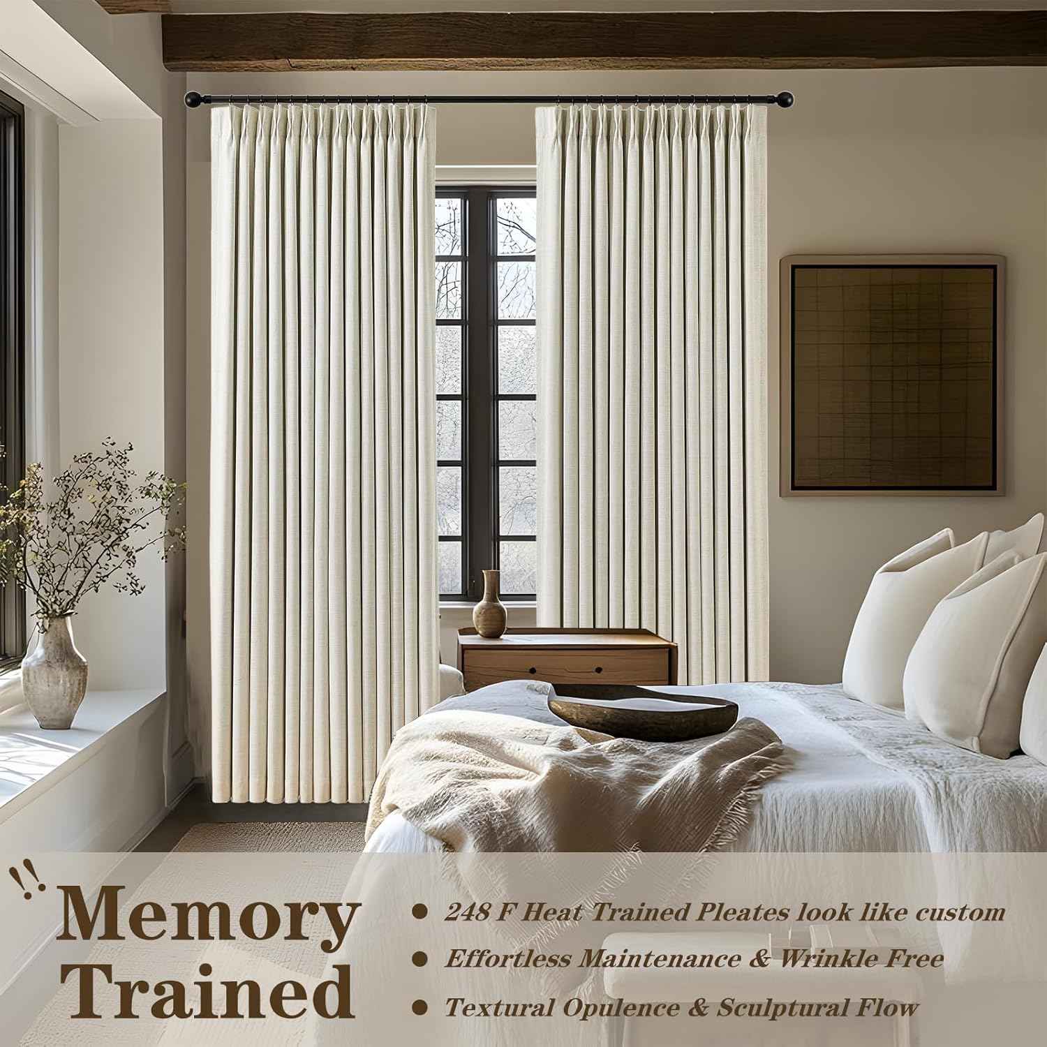 IVAPUPU Natural Linen Blend Pinch Pleated Blackout Curtains for Bedroom - 2 Panels 100% Black Out Curtains 108 Inch Long for Living Room Darkening Thermal Window Curtain Drapes with 16pc Hooks