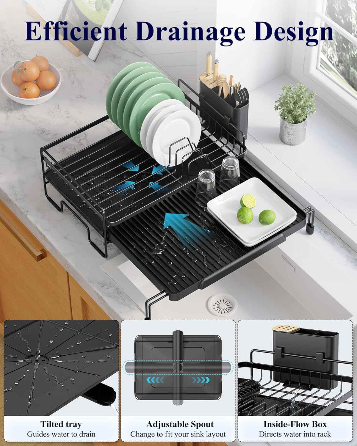 Kitsure Extendable Dish Drying Rack - Adjustable Length 12.8"–21.0", Auto-Draining Dish Rack for Kitchen Counter, Rust-Resistant Metal Frame Over-Sink Support for Plates, Bowls & Utensils, Black