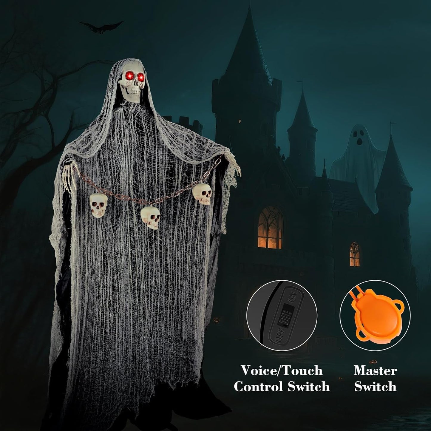 Outdoor Halloween Decorations, 71" Halloween Animatronics Decor Led Light Eyes Sound&Touch Activated Scary Haunted House Decor with Spooky Sound Adjustable Arm for Party Yard Lawn Outdoor Indoor