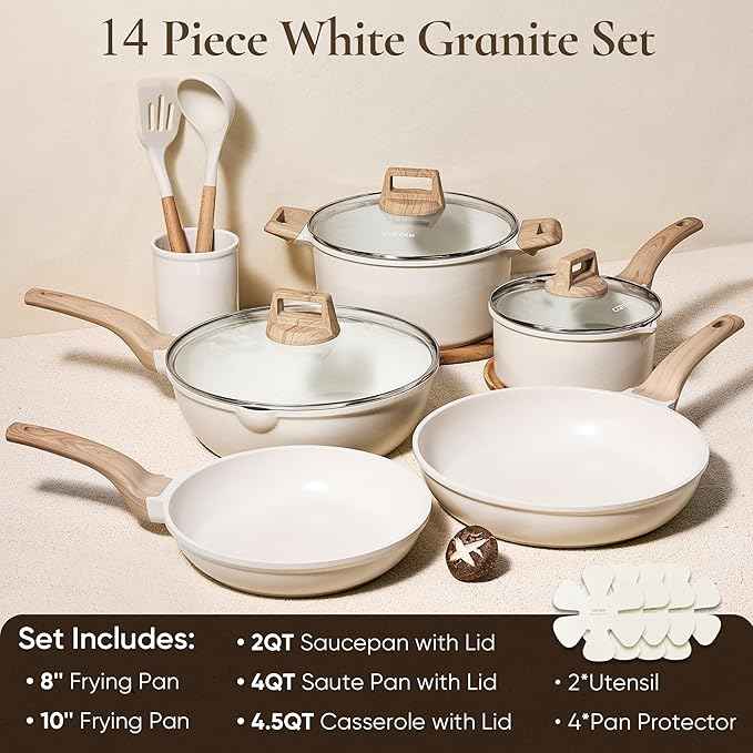 CAROTE 14 Pcs Pots and Pans Set Nonstick,Cookware Set Kitchen Cooking Set with Utensil and Pan Protectors Mothers Day