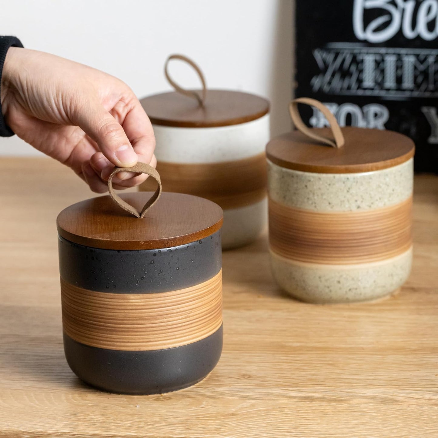 Spice Jars with Lid, Coffee Container Kitchen Food Storage Jars for Spice Sugar Tea Bag, Stackable Decorative Jars for Countertop, Black & 37oz