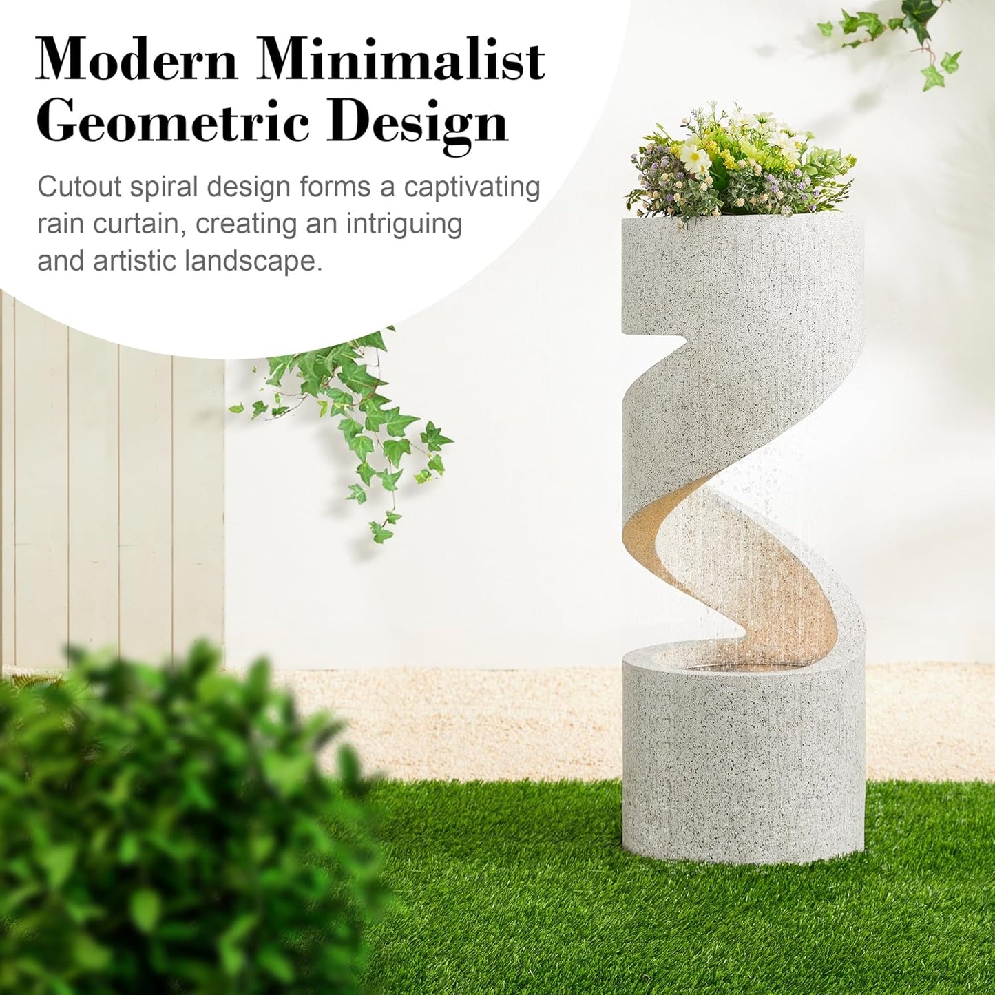 Glitzhome Decorative Tiered Outdoor Water Fountain with LED Light, Curved Waterfall Fountain with Stone Planter, Faux Terrazzo Spiral Shaped Fountains for Garden Deck Patio Porch, 31.25”H