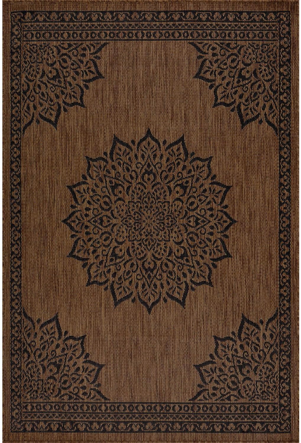 CAMILSON Outdoor Rug 8x10 Medallion Nut Brown Black Modern Area Rugs for Indoor and Outdoor Patios, Kitchen and Hallway Rug, Washable Porch Deck Outside Carpet (8 x 10)