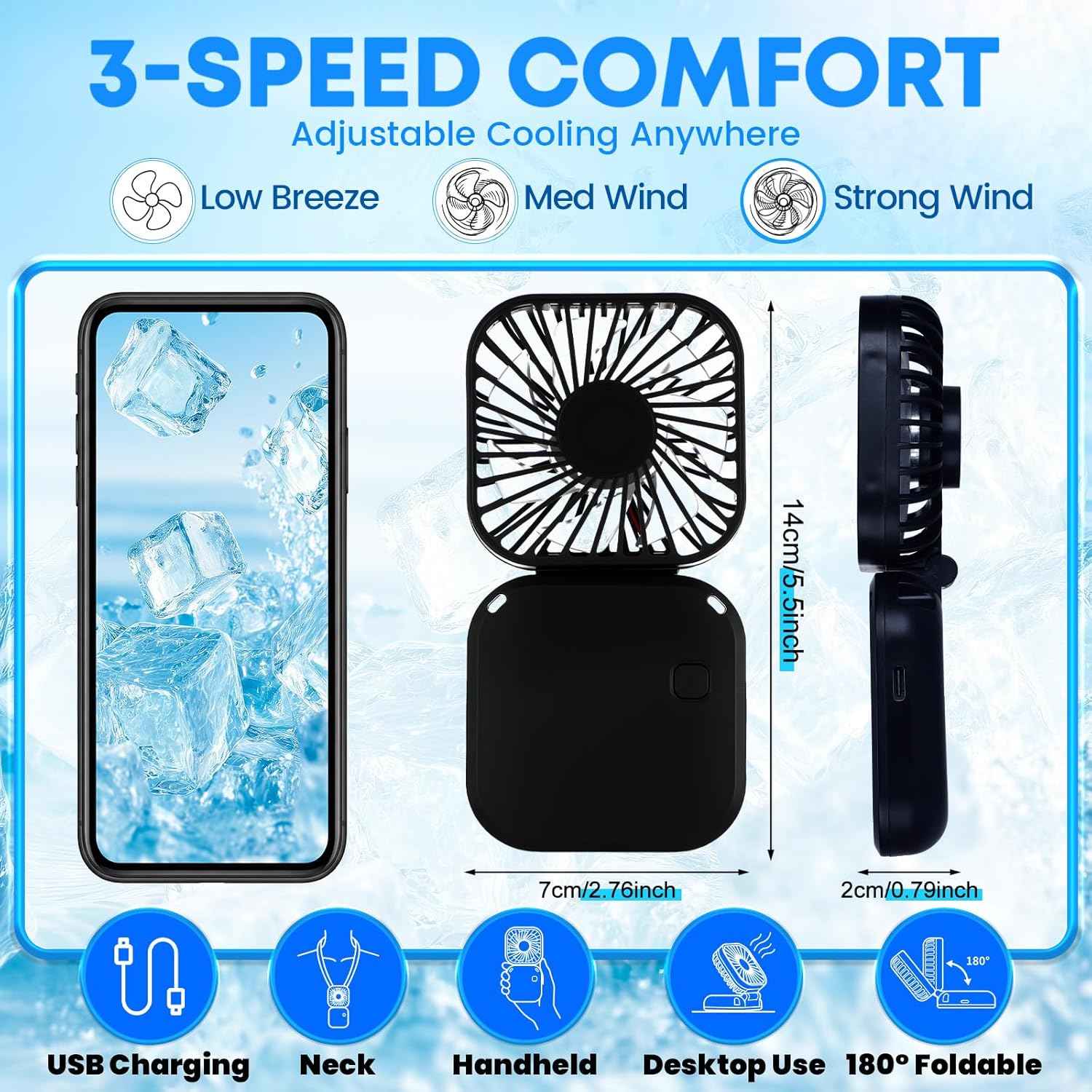Reallnaive 6 Pcs Skinny Tumbler Bulk and Mini Portable Fans Set for Summer, 16 oz Plastic Cups with Lids Straws and Small USB Rechargeable Handheld Fan for Cooling Gift (Black)