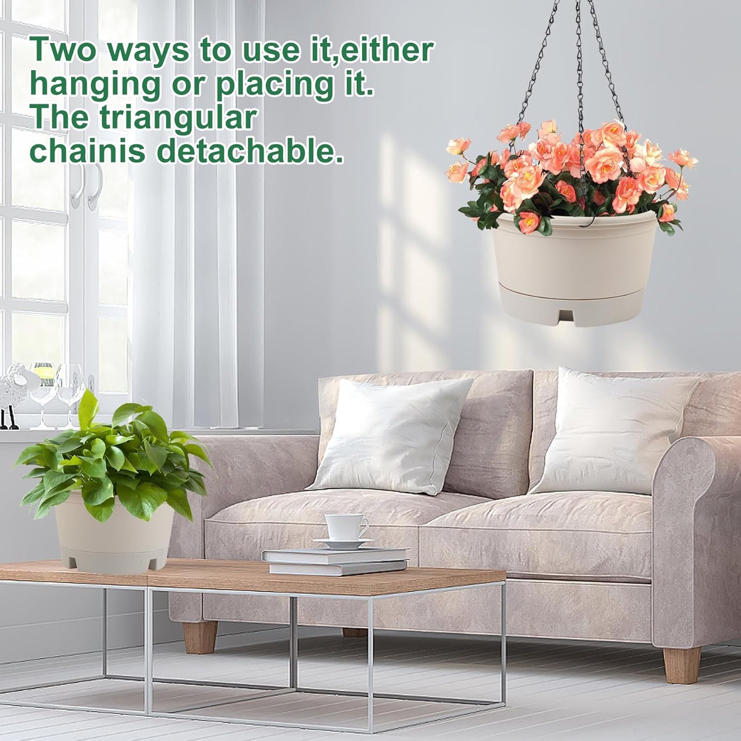 10 Inch Hanging Planters for Indoor Plants, 4 Pack Plastic Hanging Baskets with Removable Trays & 15.7" Chain, Outdoor Hanging Plant Pot for Home Garden Porch Balcony Patio Decor (Beige)