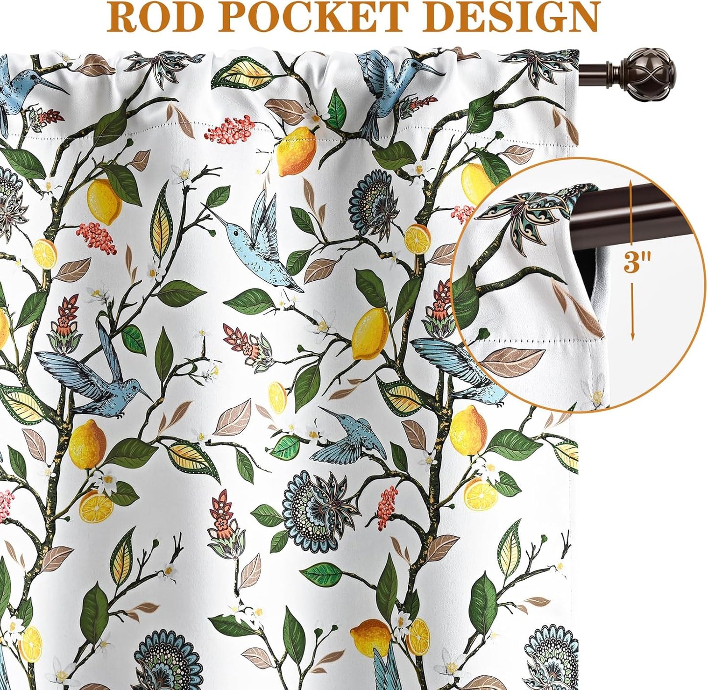FRAMICS White Blackout Kitchen Curtains 36 Inch Length Birds Floral Bathroom Curtains Rod Pocket Lemon Short Curtain for Windows Cafe Basement Living Room Cabinet, 2 Panels