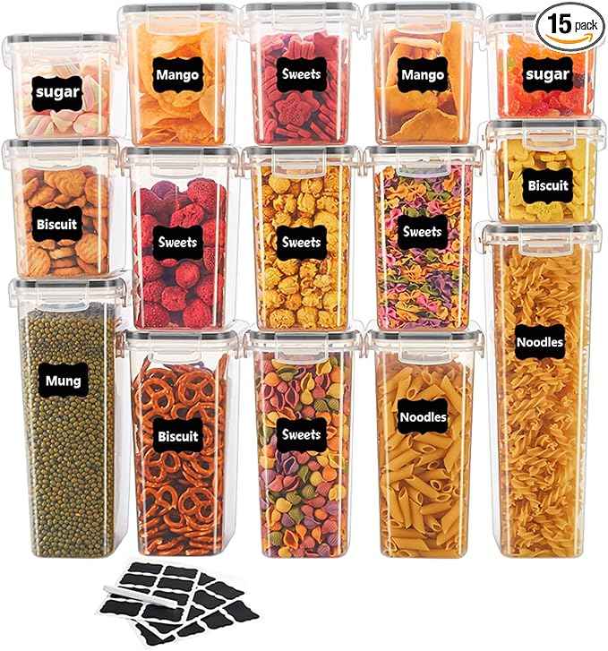 15 PCS Airtight Food Storage Containers with Lids, BPA Free Clear Plastic Kitchen and Pantry Organization and Storage Set for Flour, Sugar, Cereal, Pasta, Includes 15 Labels and Marker