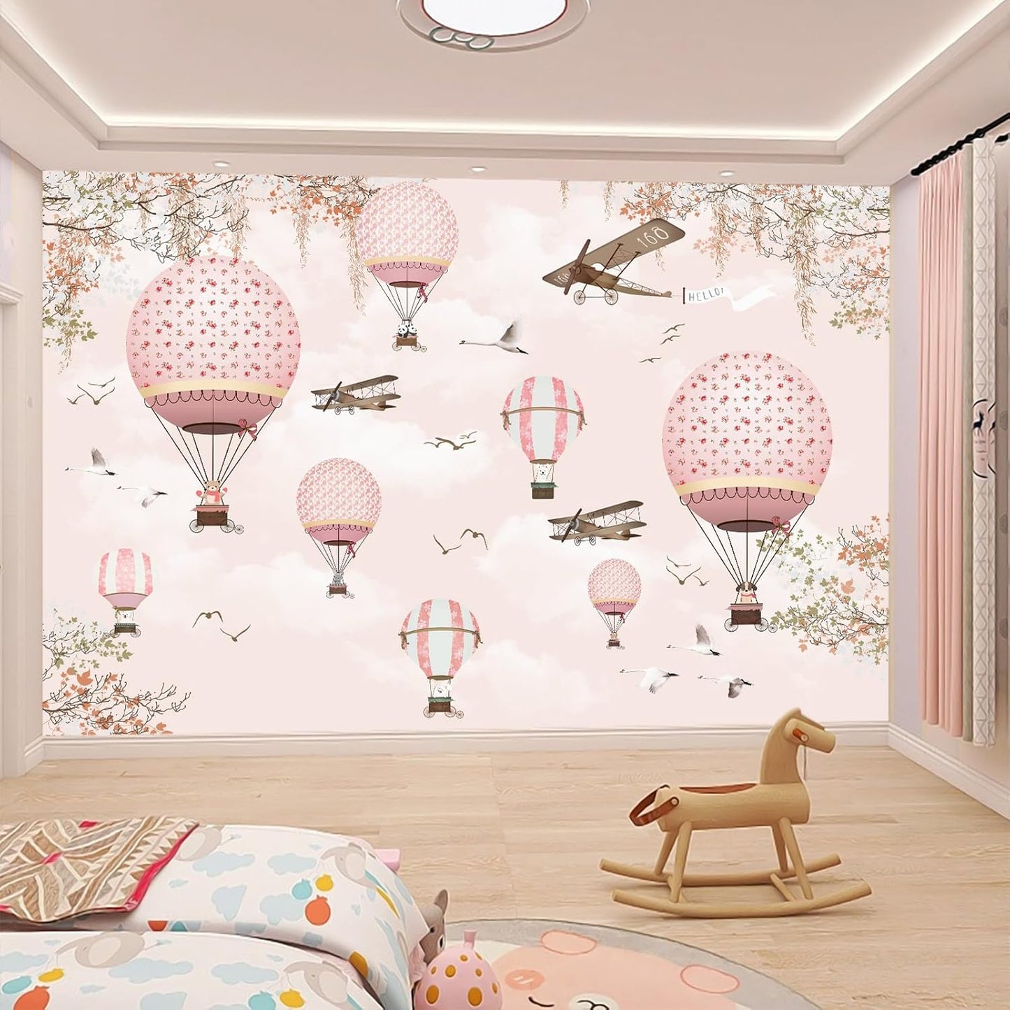 WFBHUA-Hot Air Balloon Wallpaper Mural Cute Animals Airplanes Pink Wallpaper for Nursery Wall Decoration Girls Bedroom Baby Room Kids Room (Not Peel and Stick)