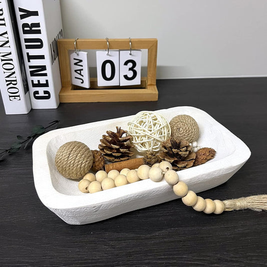 Wooden Dough Bowl Decor, Vintage Wooden Bowl Hand Carved Home Decor for Dining Table Center, Living Room, Kitchen Decor. (10inch white)