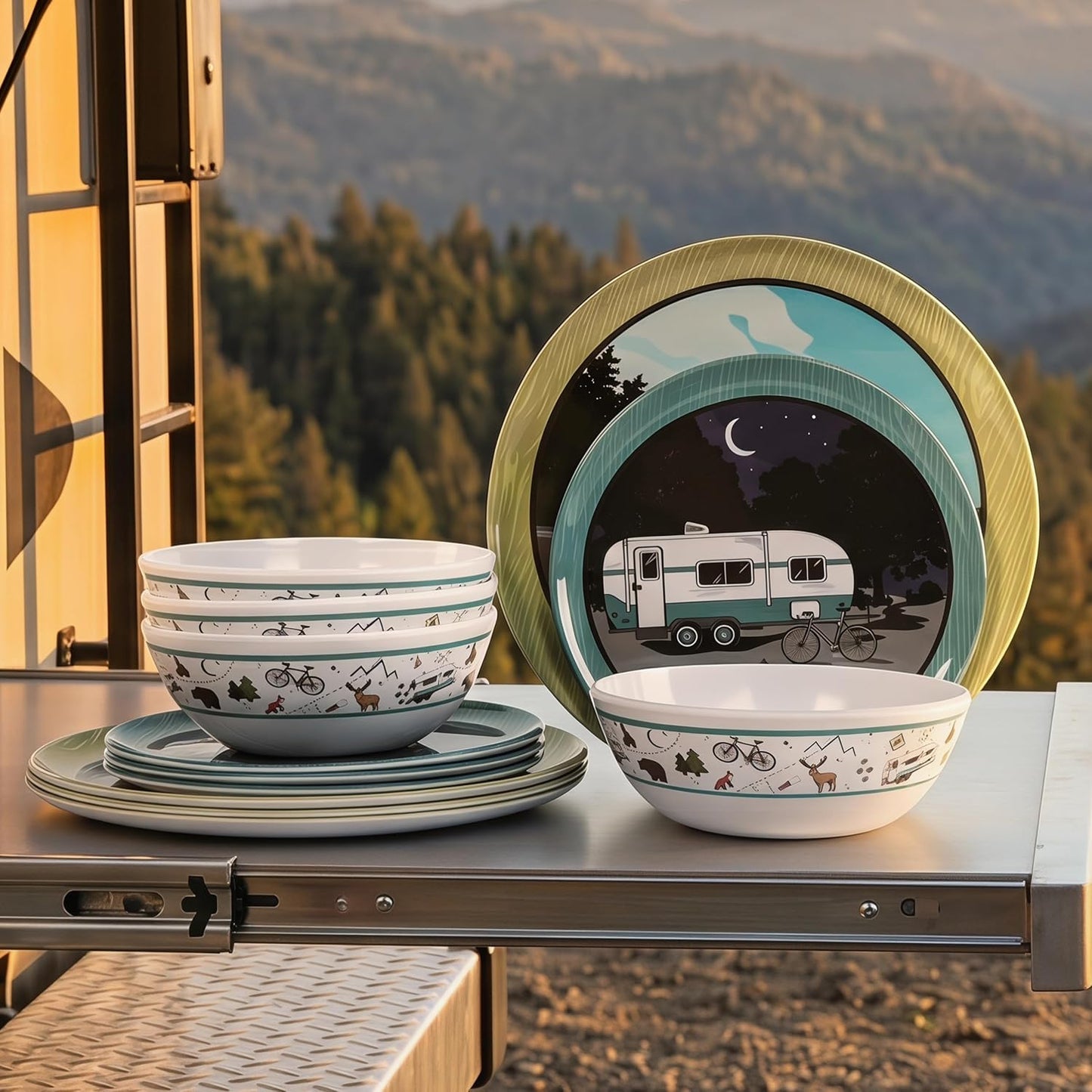 12-Piece Melamine Dinnerware Set, Lightweight Unbreakable Plates and Bowls Set, Outdoor Camping Dishes – Perfect for RV, Picnic, Backpacking, Patio,Getaways (Service for 4)