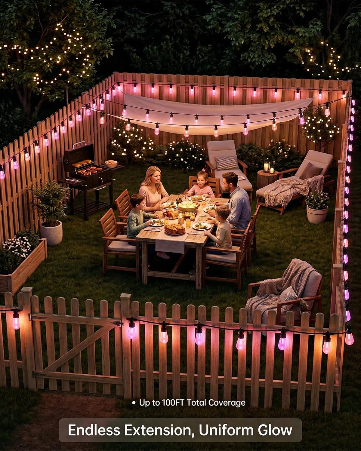 50FT Smart Outdoor String Lights, Color Changing ST48 Multi-color LED Patio Lights with Music Sync, Magic Lantern App & Remote, IP65 Waterproof Shatterproof Outdoor Lights for Cafe Bistro Backyard