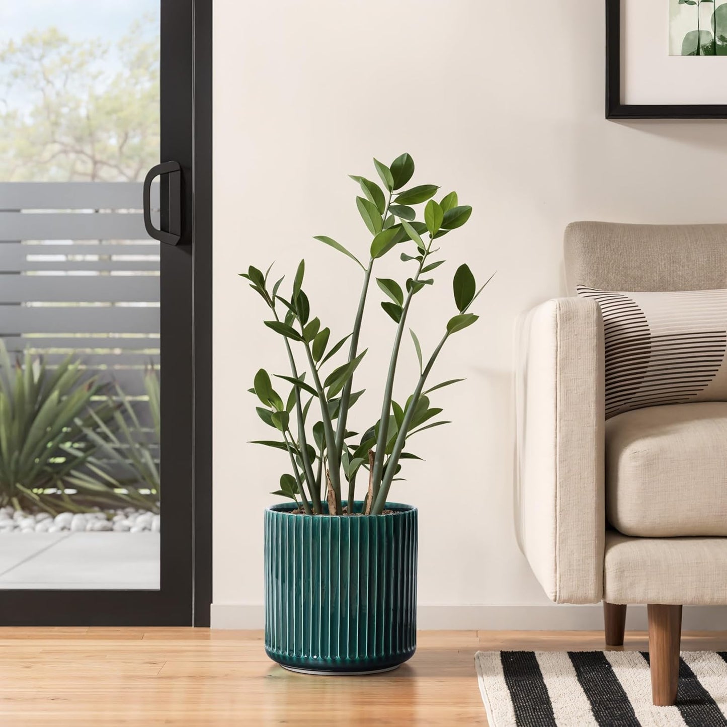 LuxenHome 11" Dia Jade Green Glazed Ceramic Planters, Large Outdoor Indoor Plant Pots with Drainage Hole and Rubber Plug, Modern Round Ribbed Flower Pots Planters for Home Garden Patio Office
