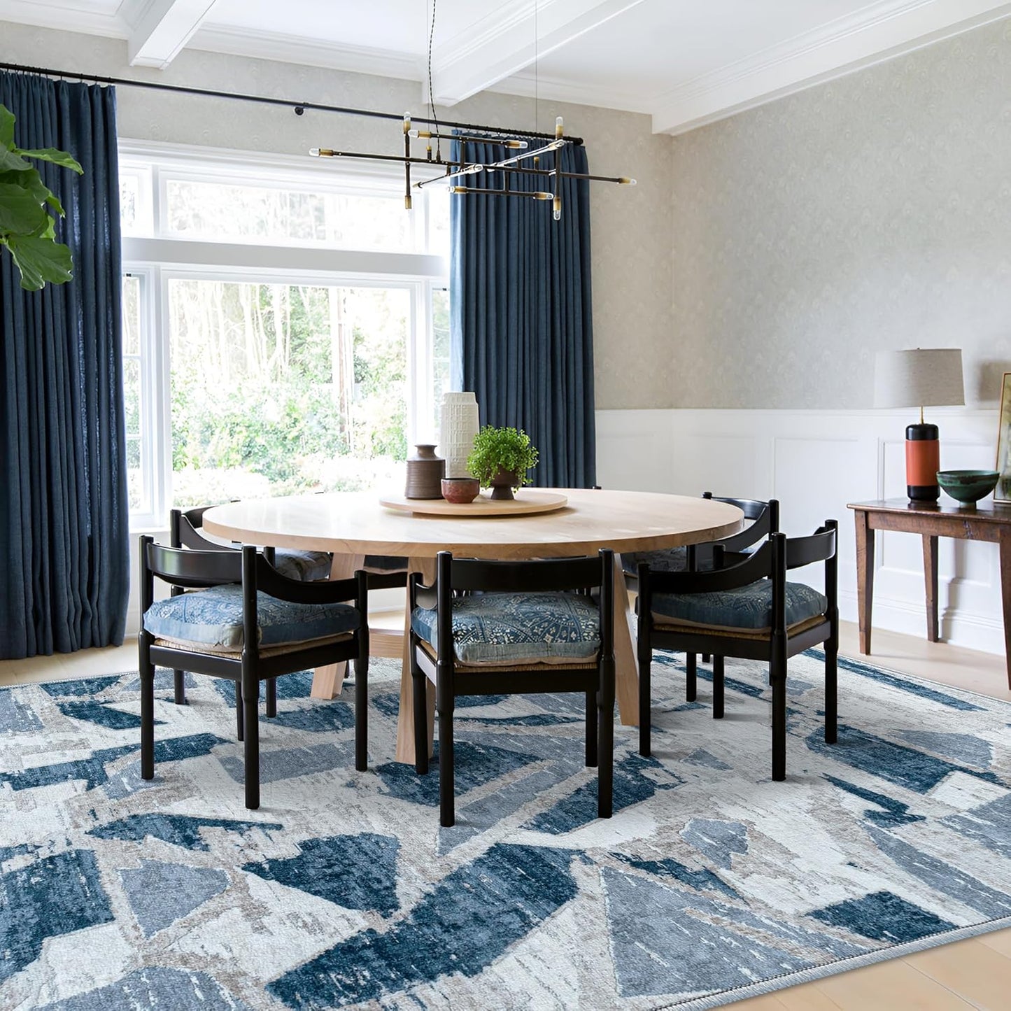 Blue 5X7 Area Rugs for Living Room Bedroom,Modern Abstract Large Carpet Washable Rugs 5X7 for Dining Room Office,Non Slip Print Faux Wool Thin 5 by 7 Indoor Nursery Kids Home Pet & Child Friendly