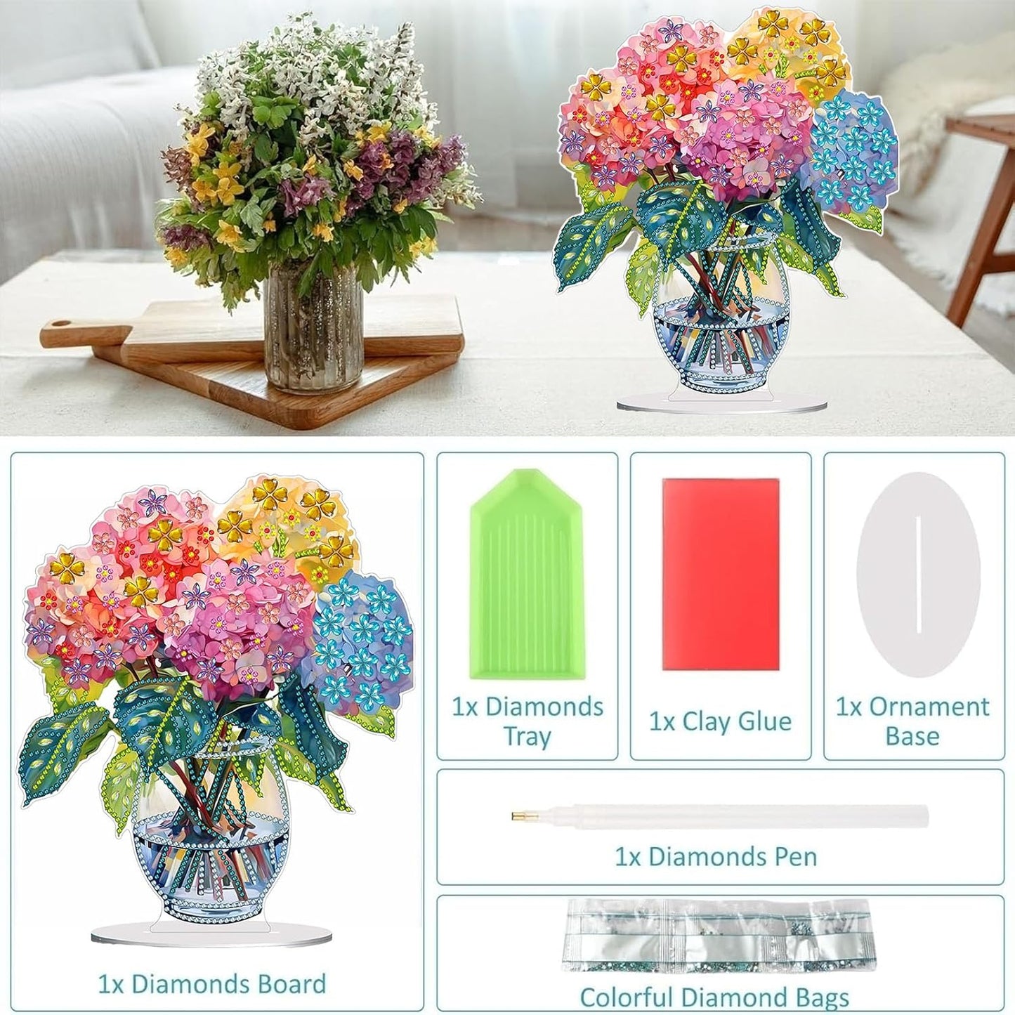 Diamond Painting Kits for Adults Beginners, 5D Full Drill Flowers Crystal Art Desktop Ornament, DIY Single Sided Home Office Desk Decor, Creative Craft Gift Set with Tools