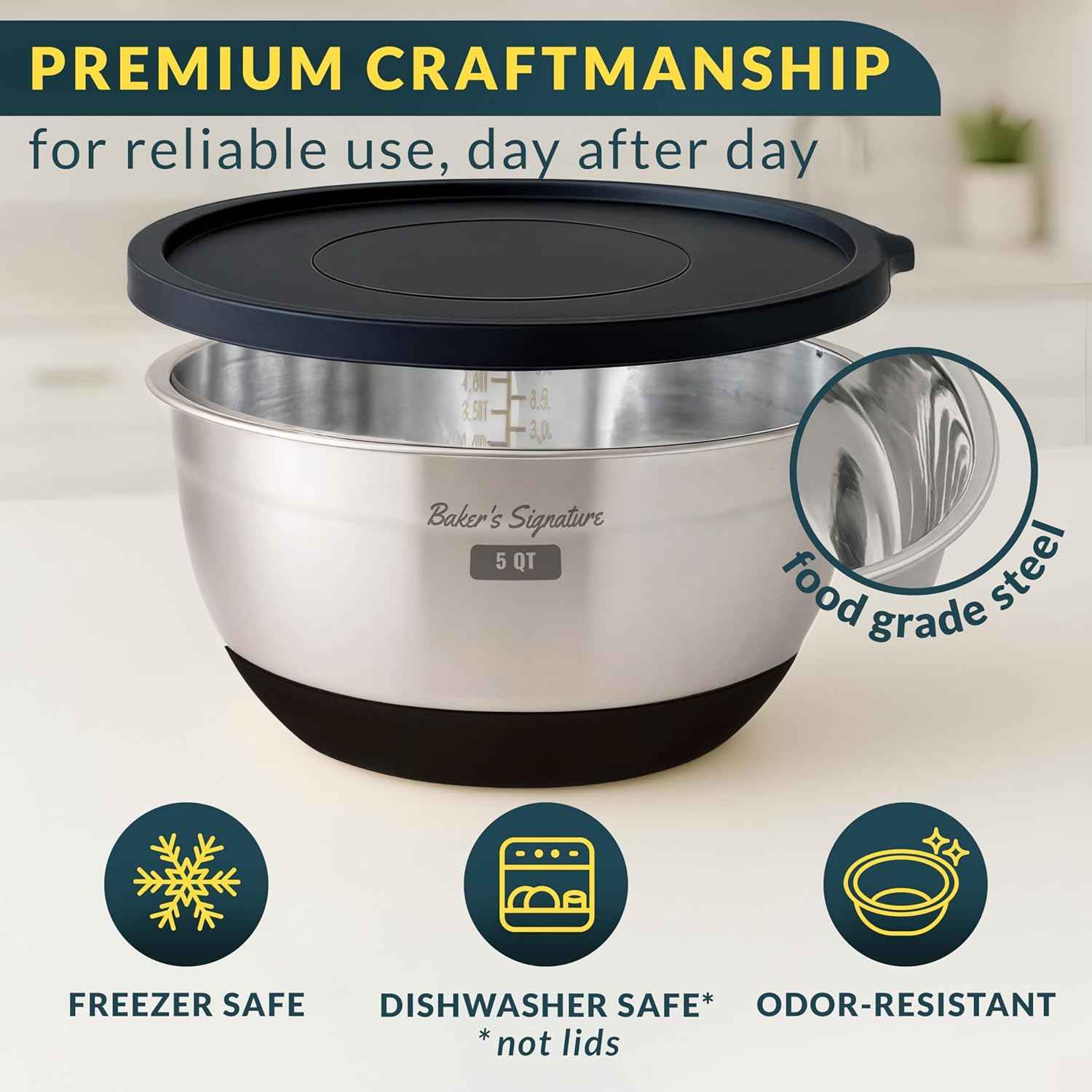 Baker's Signature Stainless Steel Mixing Bowls with Lids Set, 5 Sizes, 3 Graters, Non-Slip Base, Airtight Lids, Metal Mixing Bowls for Kitchen, Food Prep, Storage, 0.63QT-5QT, Black