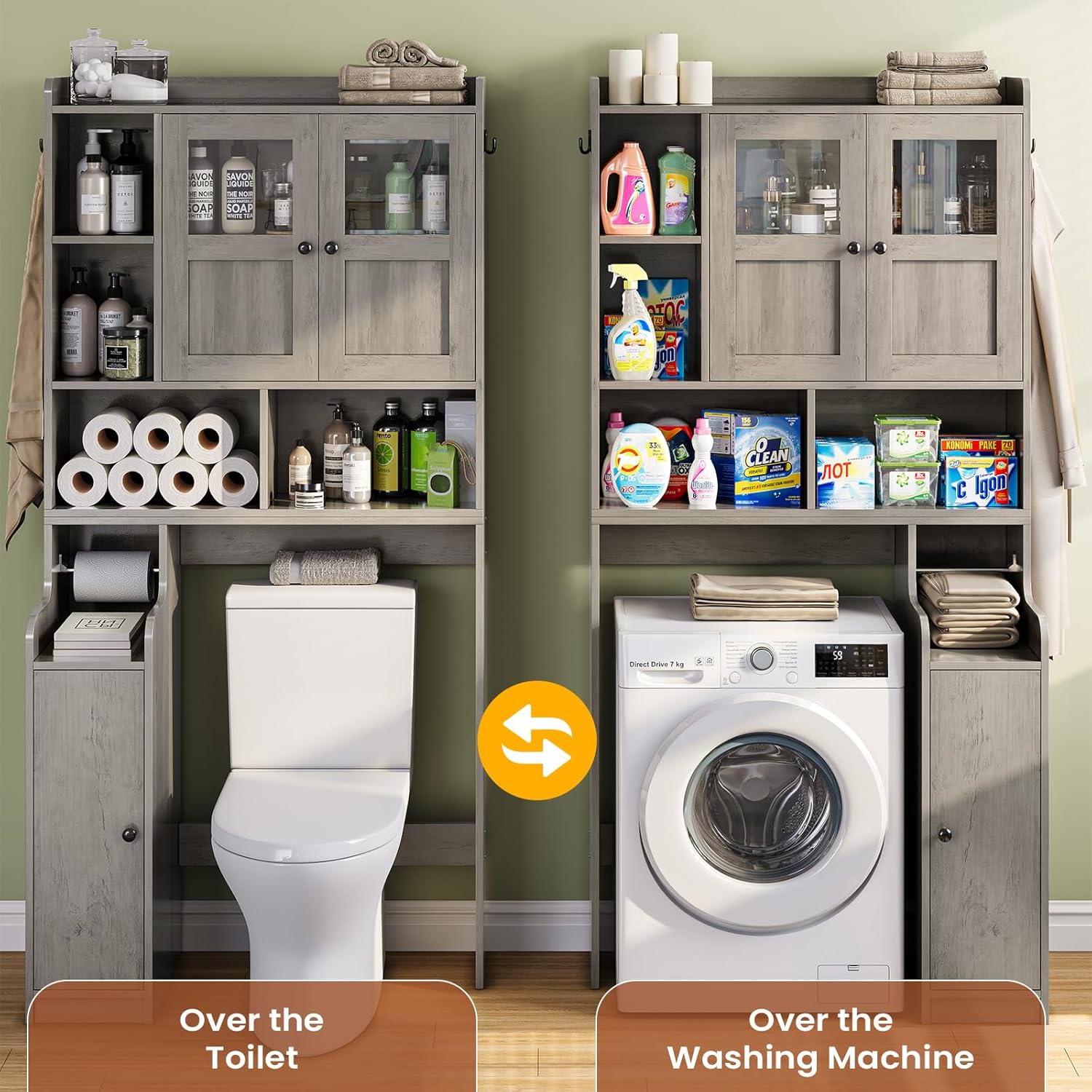 Itaar Over The Toilet Storage Cabinet, Over Toilet Bathroom Organizer with Glass Doors & Toilet Paper Holder Stand, Home Space-Saving Toilet Rack, for Bathroom, Restroom, Laundry, Grey - Lumora Casa