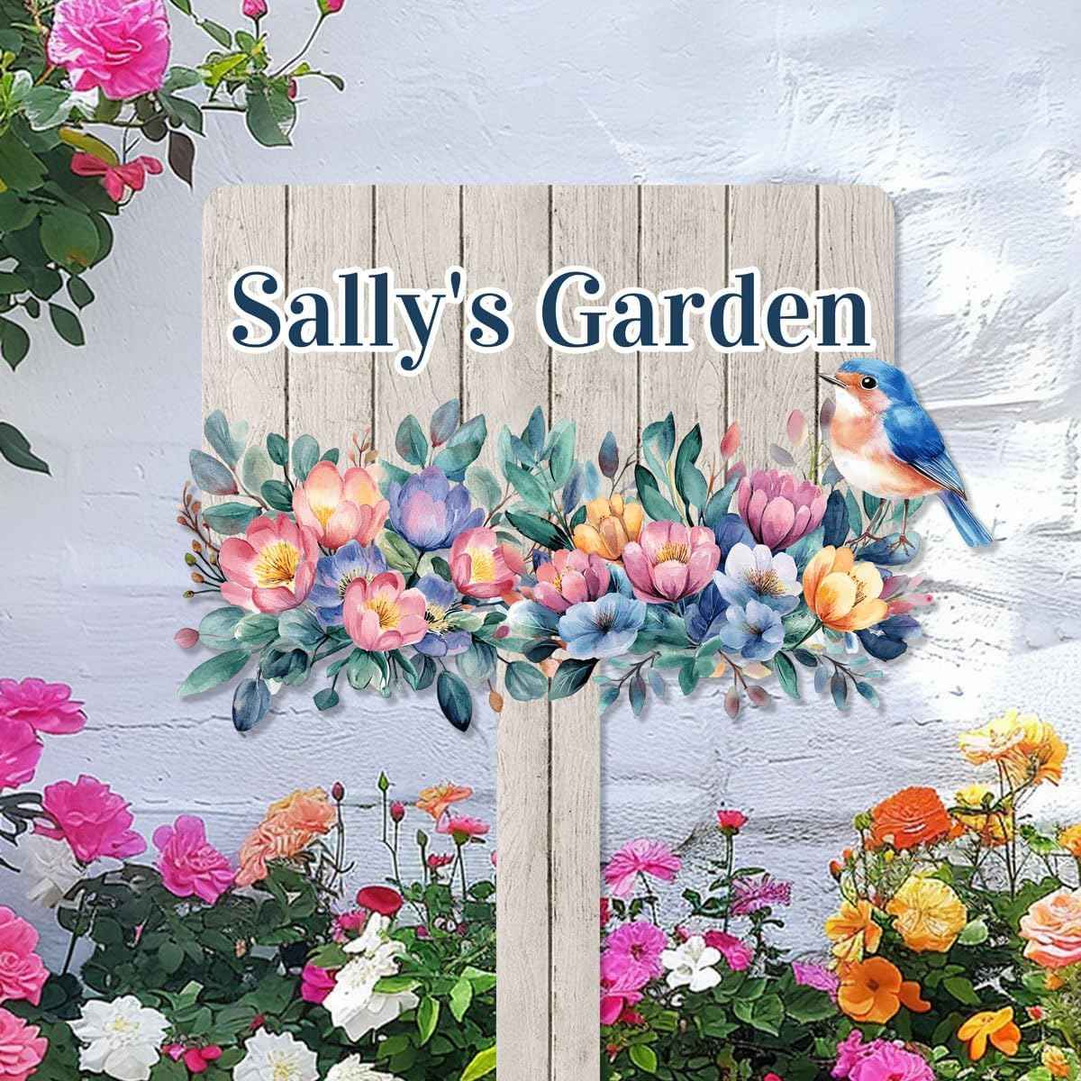 Custom Colorful Flowers Bird Garden Name Sign with Stake, Personalized Bird Flowers Garden Stake Metal Garden Sign, Customized Patio Lawn Garden Outdoor Décor Yard Sign Bird Garden Stake