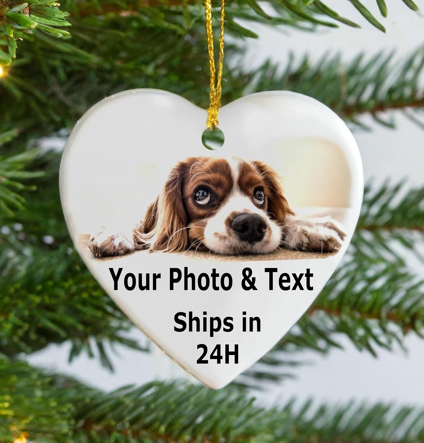 Personalized Ornament, Add Photo Text or Art Design and Make Your own Customized Porcelain Ceramic Ornament, Gold String and Gift Bag Included (Heart)
