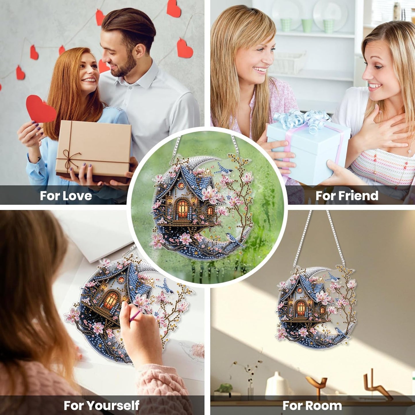 EOBROMD Diamond Hanging Art Kits for Adults, House on The Moon DIY Special Shaped Rhinestone Kits for Adults, Diamond Art Painting Suncatcher, Window Pendants Home Garden Wall Hanging Ornament