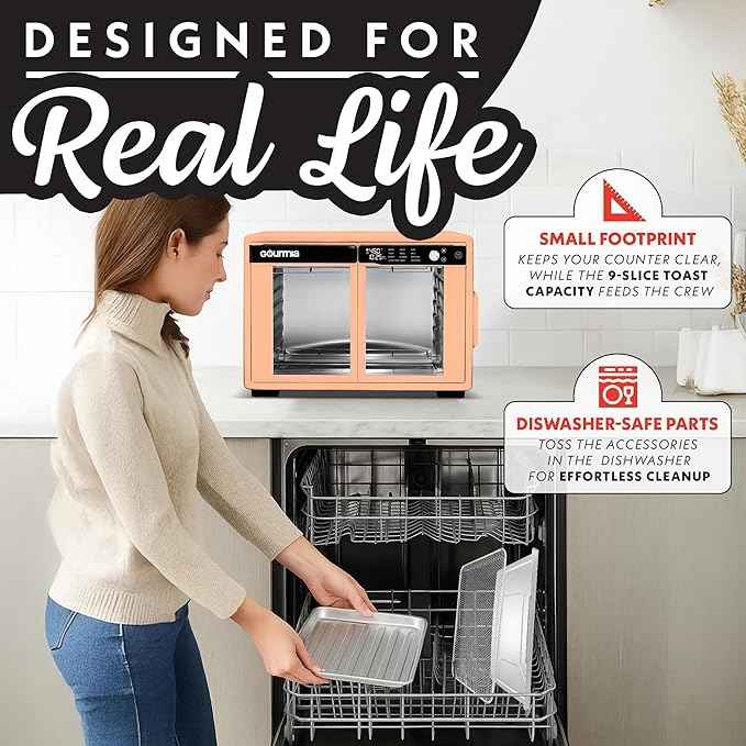 Gourmia French Door Air Fryer Oven - 37 Qt Large Capacity Convection Toaster Oven, FryForce 360°, Digital Display, 12 Cooking Presets, Dehydrate, Fits 13” Pizza, Dishwasher-Safe, Peach