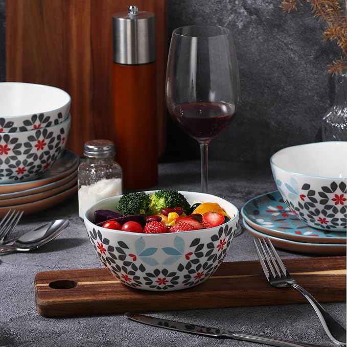Lorren Home Trends Floral Bone China Dinnerware Set, 12 Piece Service for 4, Blue Red Gray Pattern, Dishwasher Microwave Safe