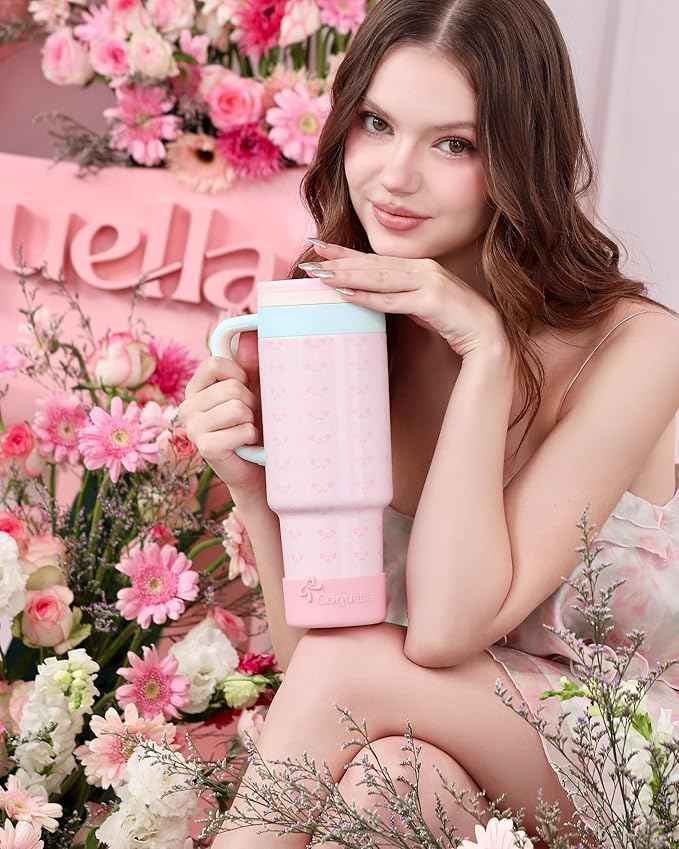 40 oz Insulated Tumbler with Handle and Push-Button Straw Lid, Stainless Steel Travel Cup for Gym Office, Leakproof, BPA-Free, Cup Holder Friendly, Bow Silicone Boot, Pink (Coquette Bloom)