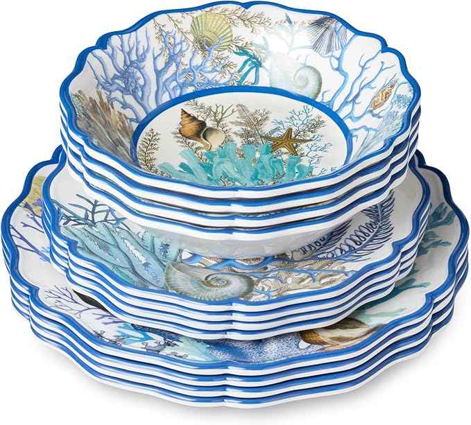 Blue Lagoon Melamine 12-Piece Dinnerware Set – Coastal Coral and Shell Design, Service for 4 – 11" Dinner Plates, 9" Salad Plates, and 28oz Bowls – Durable, Lightweight, BPA-Free, Dishwasher SafE