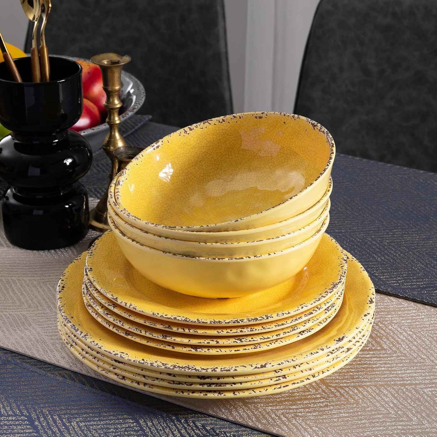 12-Piece Rustic Melamine Dinnerware Set With Dinner Plate, Salad Plate And Large Capacity All Purpose Bowls,Service for 4, Indoor And Outdoor Use, Yellow