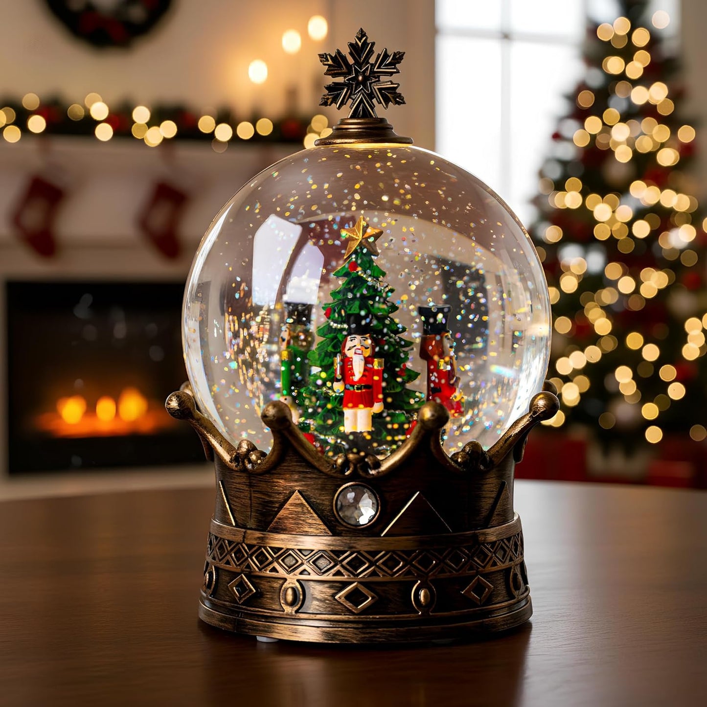 Christmas Snow Globe Lantern Water Glittering Nutcracker Crown with Music, USB Lined/Battery Operated Lighted Lantern for Christmas Festival Decoration Gifts