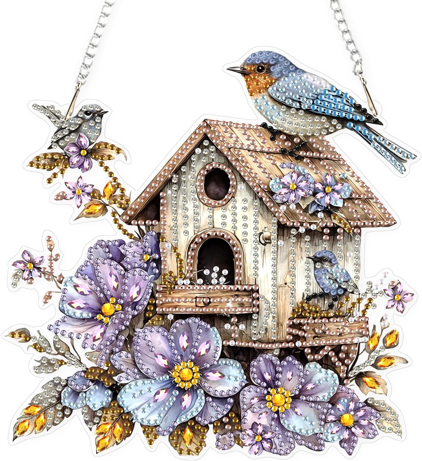 Lxmsja DIY Birdhouse Diamond Painting Hanging Ornament, Double-Sided Acrylic Flowers Bird Diamond Art Kit, Special Shaped Drill Pendant Window Art Kit, Suncatcher Hanging Craft Decoration 8x8 inch