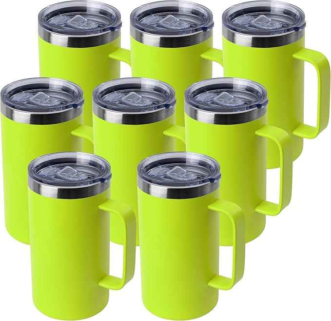 DOMICARE 24oz Mug with Handle and Lid, Stainless Steel Coffee Mug, Travel Mug with Handle, Double Wall Vacuum Coffee Tumbler, Reusable Insulated Cup, Light Green, Pack 8