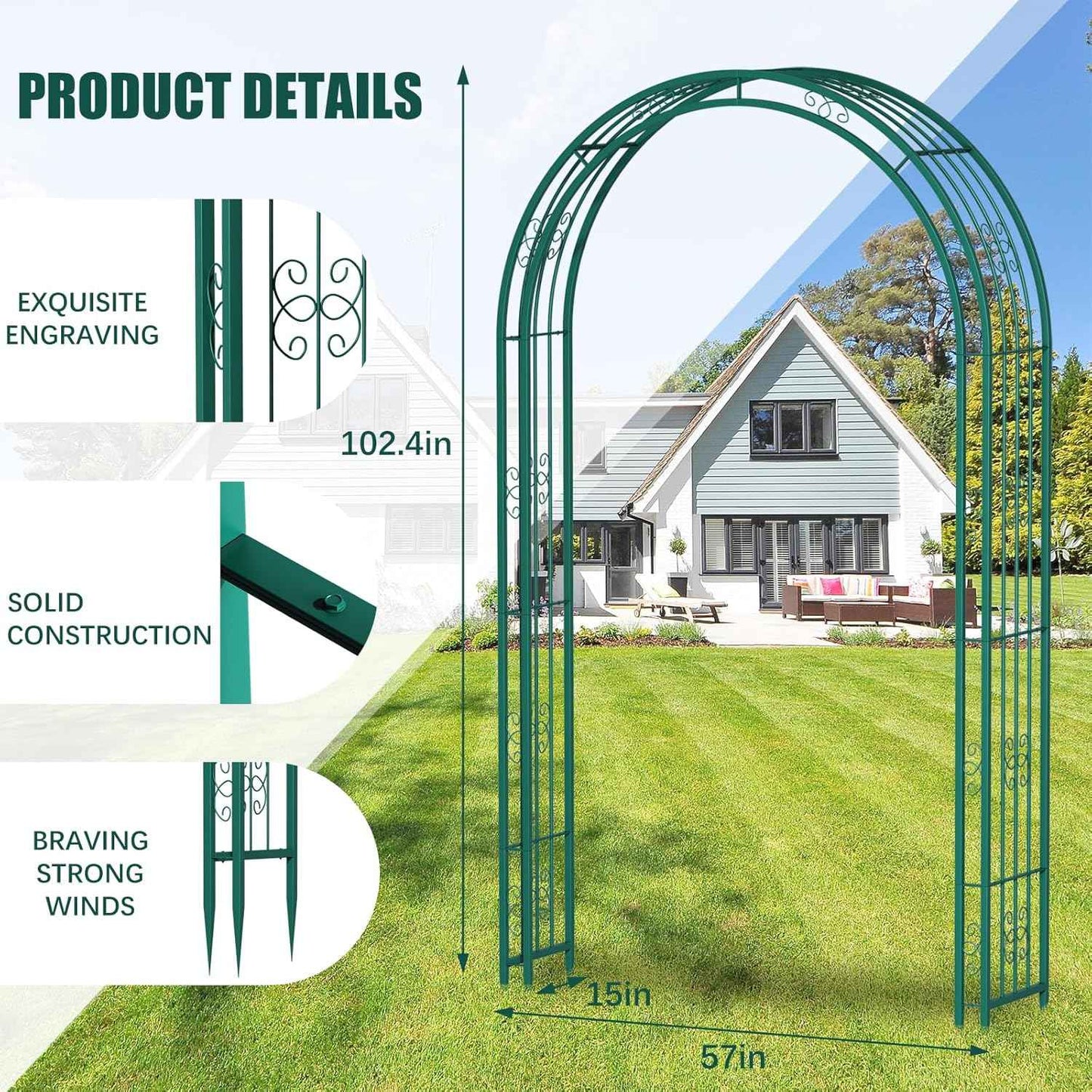 Arbuxzuy 102in Steel Garden Arch Arbor Trellis for Climbing Plants Outdoor,Yard,Wide Sturdy Durable Garden Arch for Lawn,8.5ft Climbing Plants Decorative Wire Lattice,Outdoor Wedding Arch(Green)