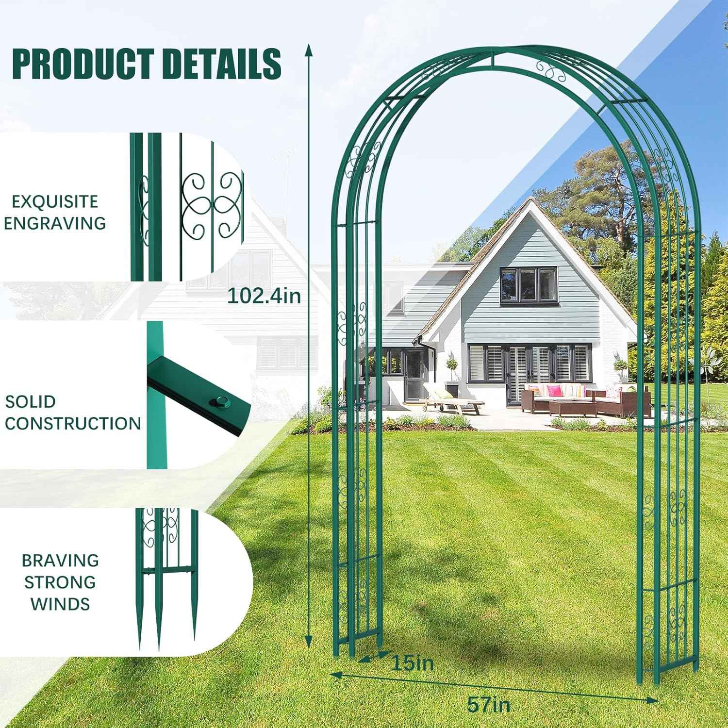 Arbuxzuy 102in Steel Garden Arch Arbor Trellis for Climbing Plants Outdoor,Yard,Wide Sturdy Durable Garden Arch for Lawn,8.5ft Climbing Plants Decorative Wire Lattice,Outdoor Wedding Arch(Green)