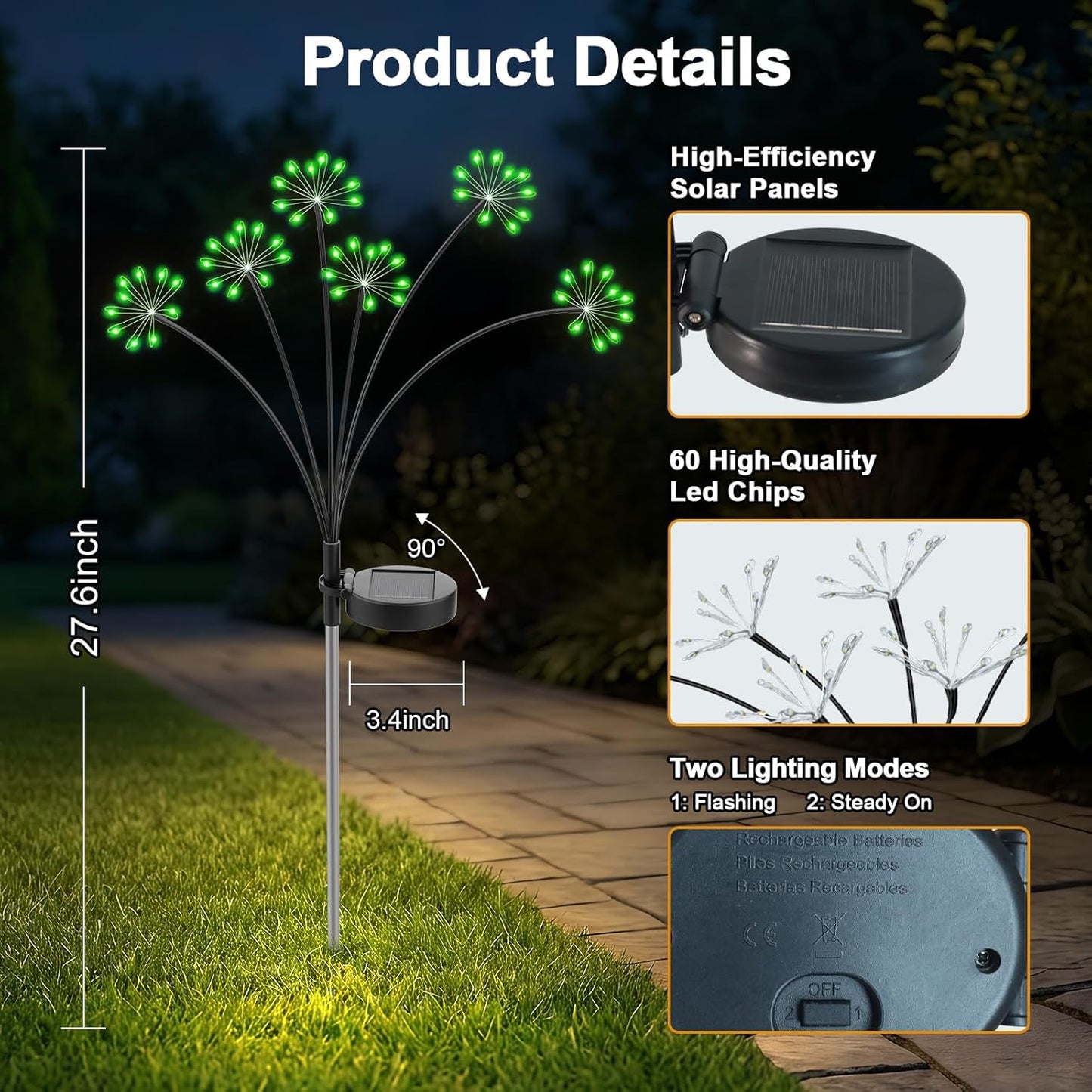 Solar Garden Lights Outdoor, Upgraded Solar Swaying Starburst Light Waterproof with 2 Modes, Solar Fairy Firework Lights for Yard Patio Pathway Flowerbed Balcony Garden Decoration (Green, 2 Pack)