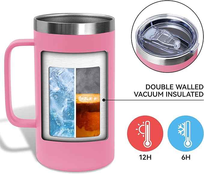 DOMICARE 24oz Mug with Handle and Lid, Stainless Steel Coffee Mug, Reusable Insulated Cup, Travel Mug with Handle, Double Wall Vacuum Coffee Tumbler for Men and Women, Pink, Pack 1