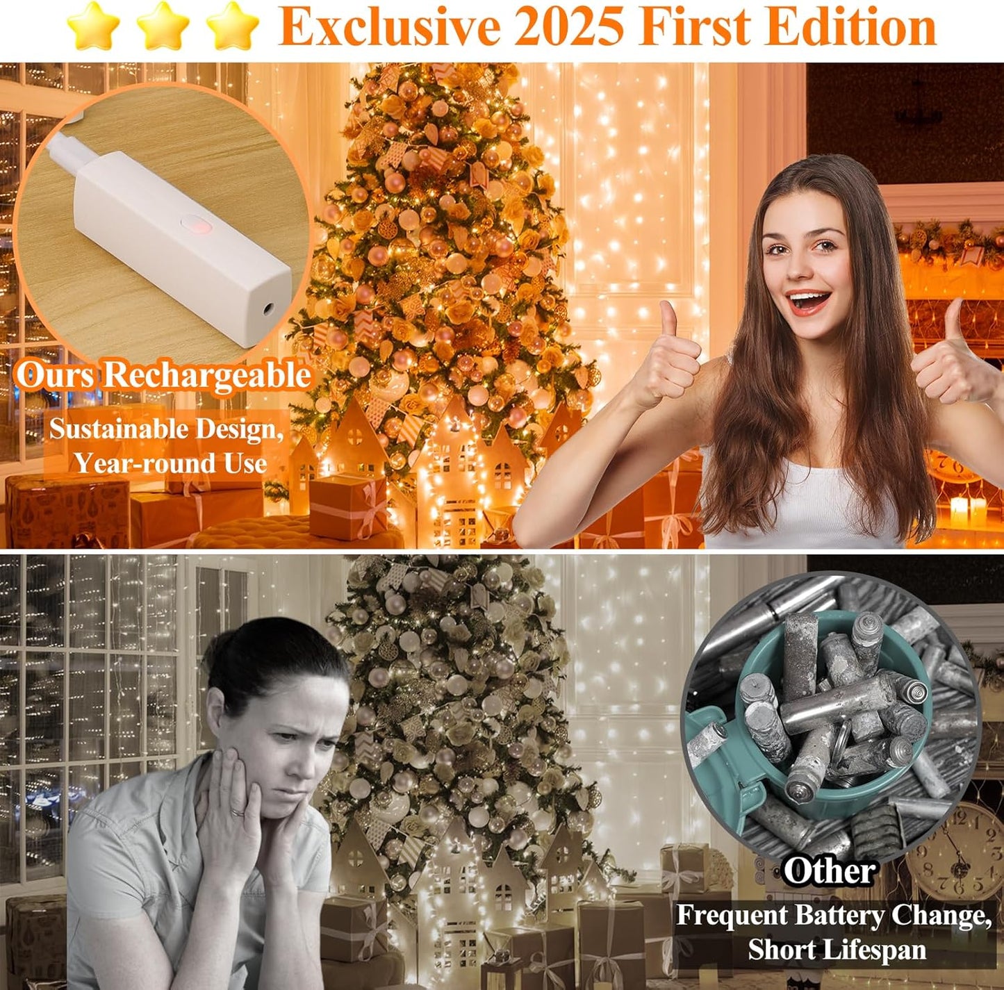 Lakumu Mini Fairy Lights Battery Operated, Twinkle Lights with Timer, Rechargeable LED String Lights for Bedroom, Christmas Decorations, Wedding, Vine, Centerpiece Table Decor (5M/16FT Orange)